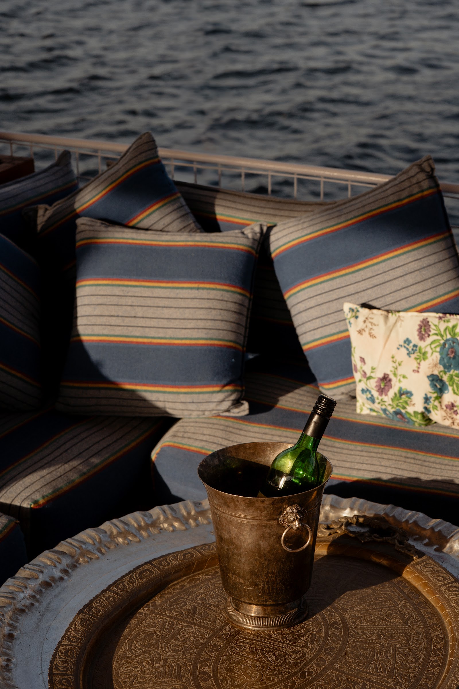 Cushioned deck seating aboard a dahabiya