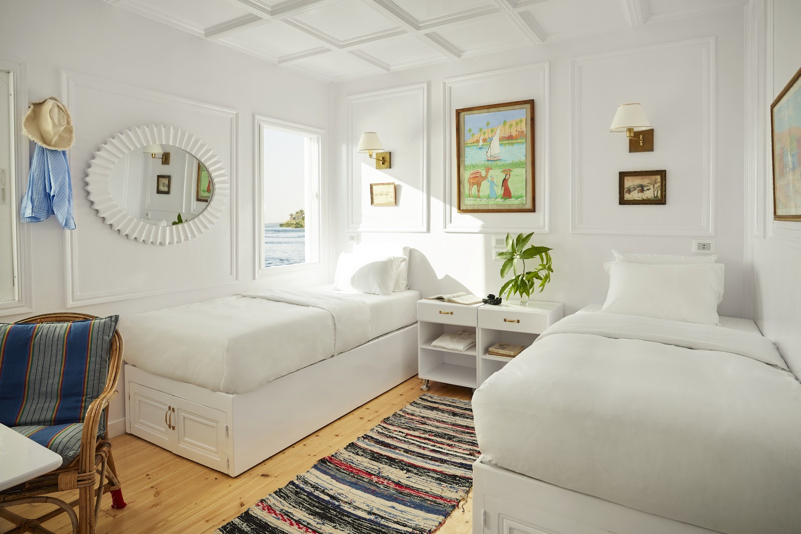A twin cabin aboard a Nour El Nil dahabiya
