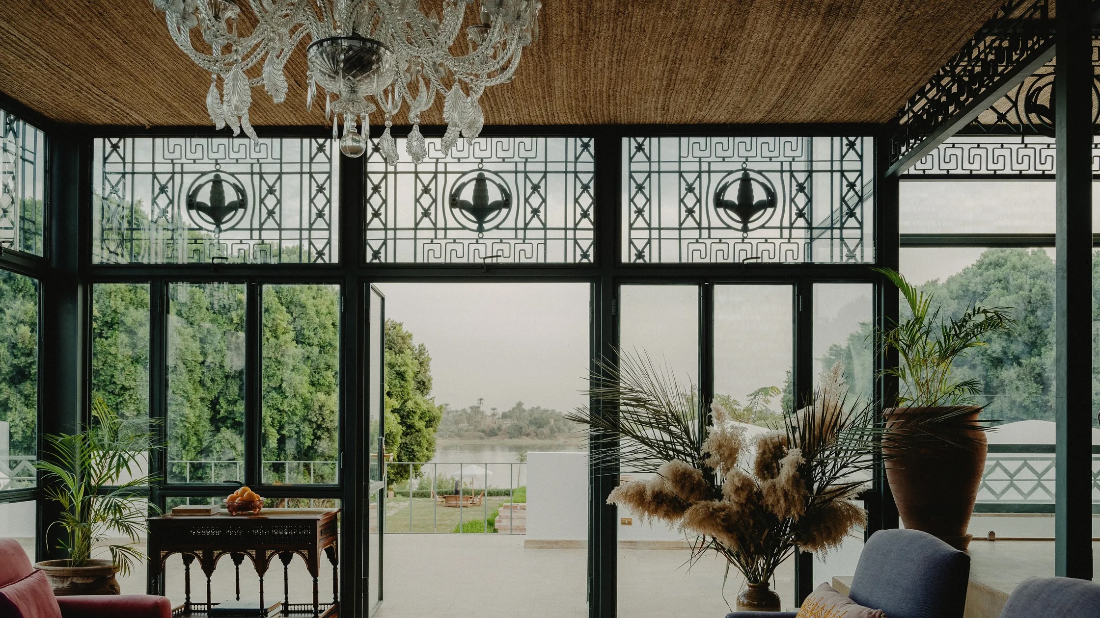Beit El Nil Villa salon opening onto a terrace over the Nile